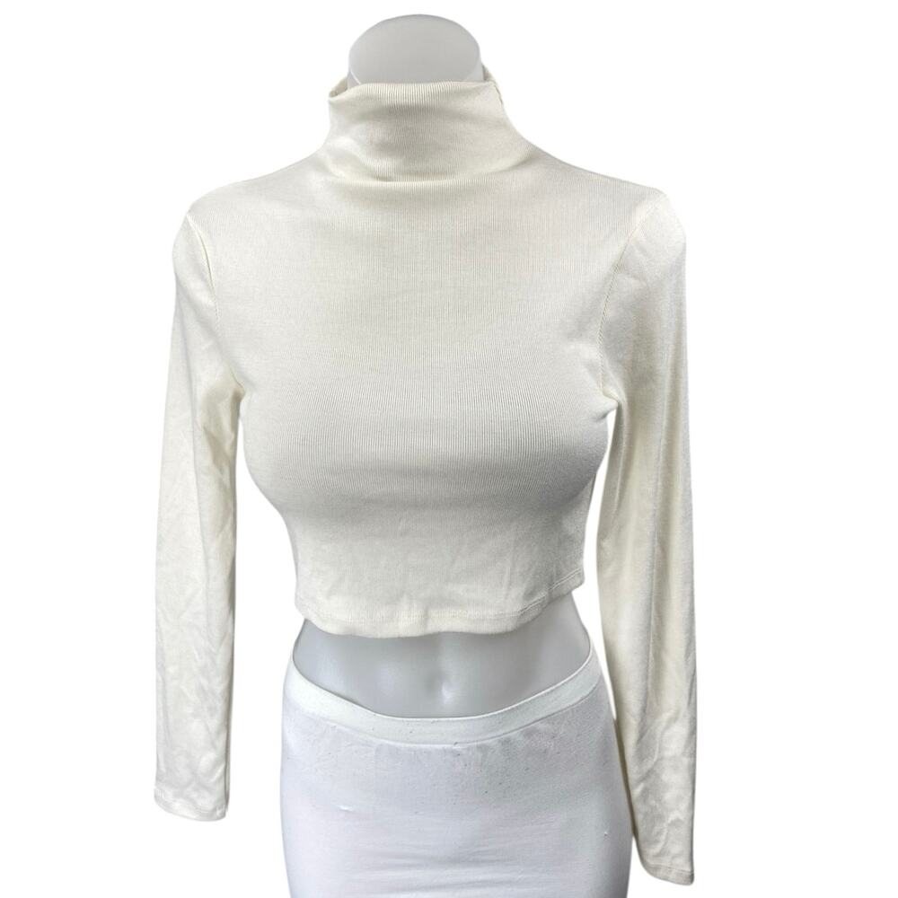 Princess Polly White Rib Knit Long Sleeve Turtleneck Crop Sweater Top Size 6